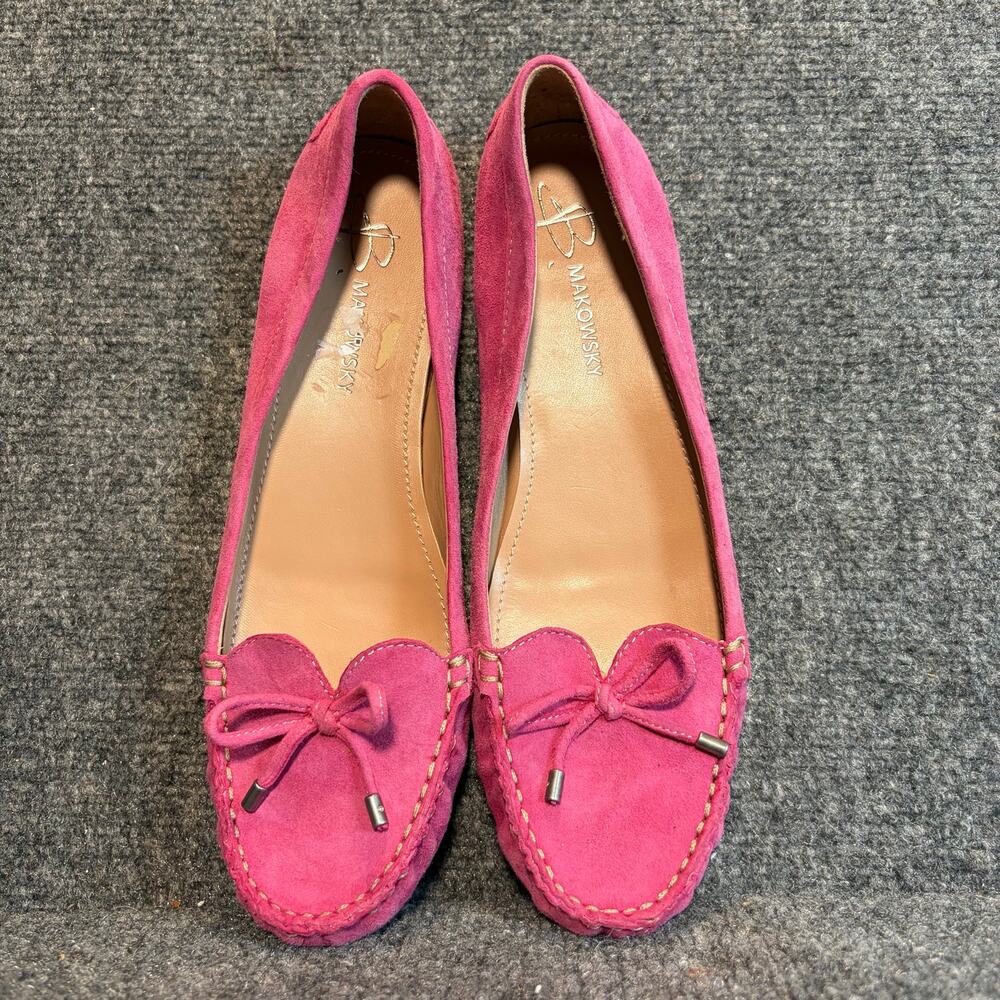 B Makowsky Pink Suede Leather Bow Moccasin Flats Women 8.5 Slip On Casual Shoes